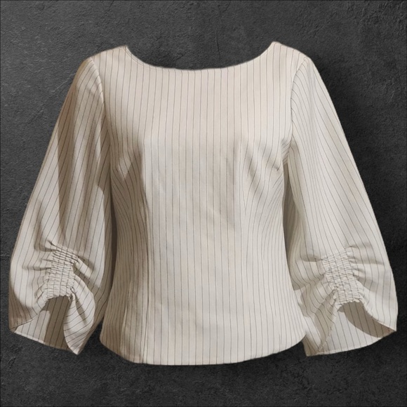 Tibi Cream Pinstripe Blouse with Gathered Sleeves - Picture 1 of 10